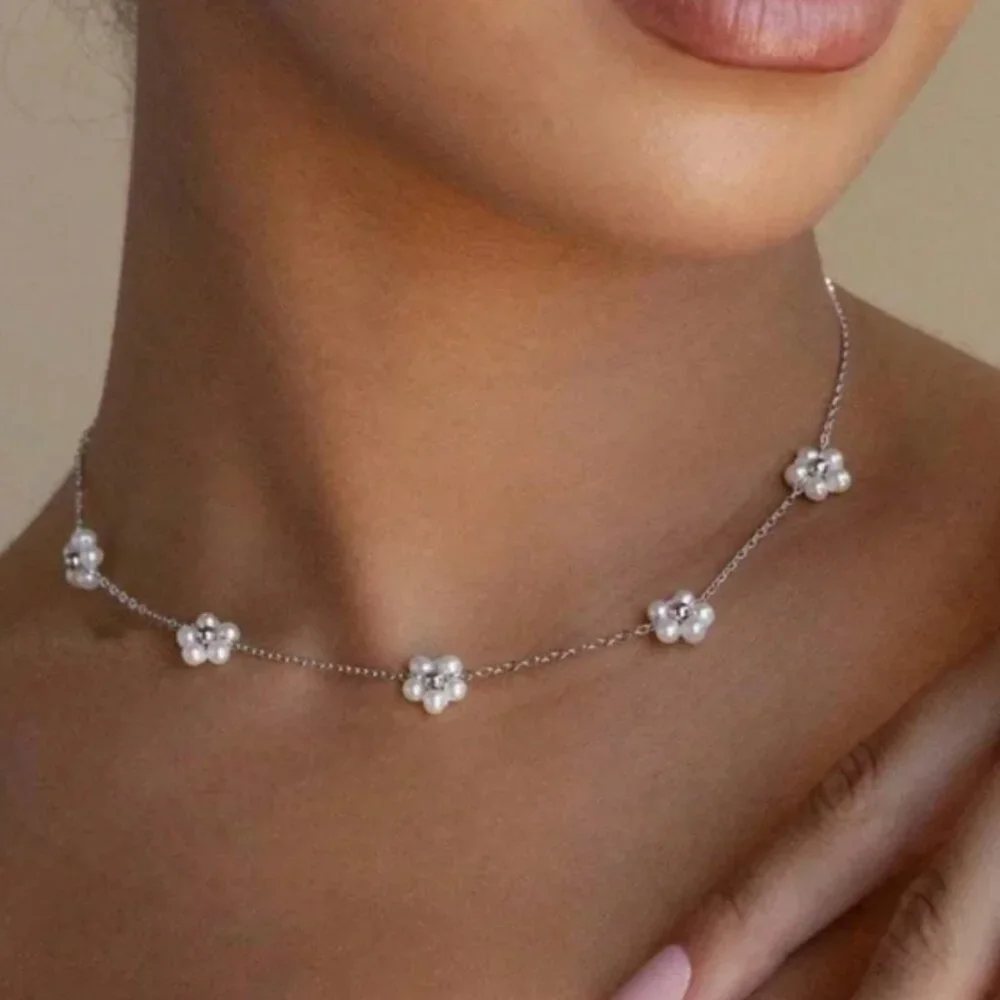 Luxe Stainless Steel Faux Pearl Flower Necklace
